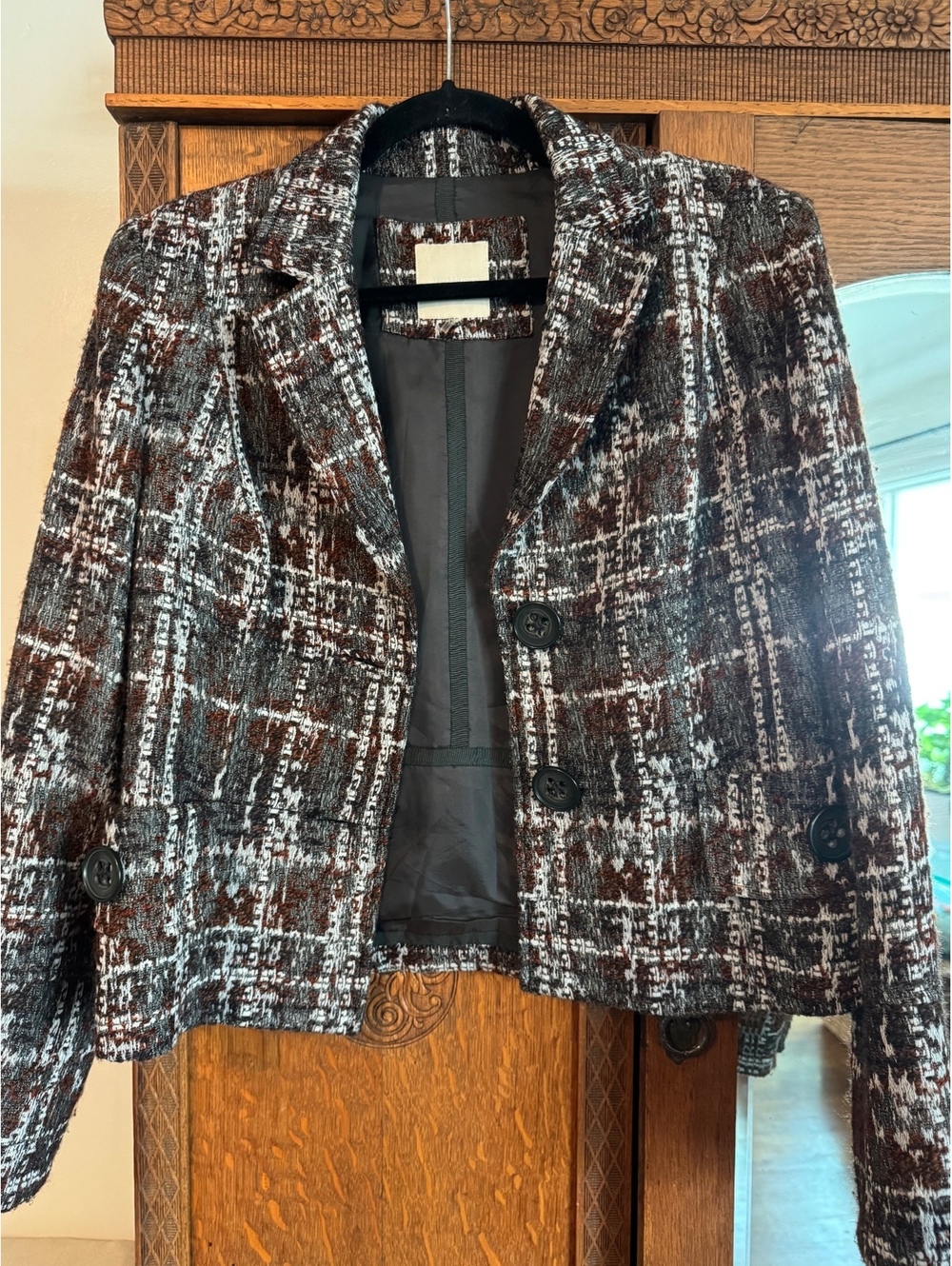 Magaschoni Twee Academia Brown Gray Plaid Wool Blend Tweed Blazer Size 14